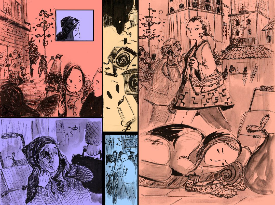 A storybook illustration of a homeless woman walking down a street.